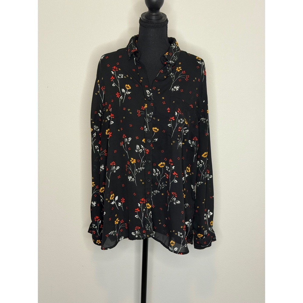 BLL New York Floral Button Down Shirt Black Wildflower Print‎ Blouse Large